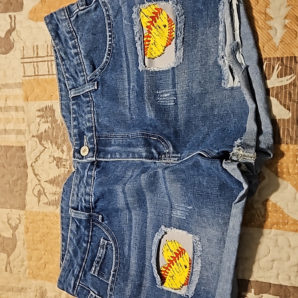 Jean shorts with softball patchwork fit like 14